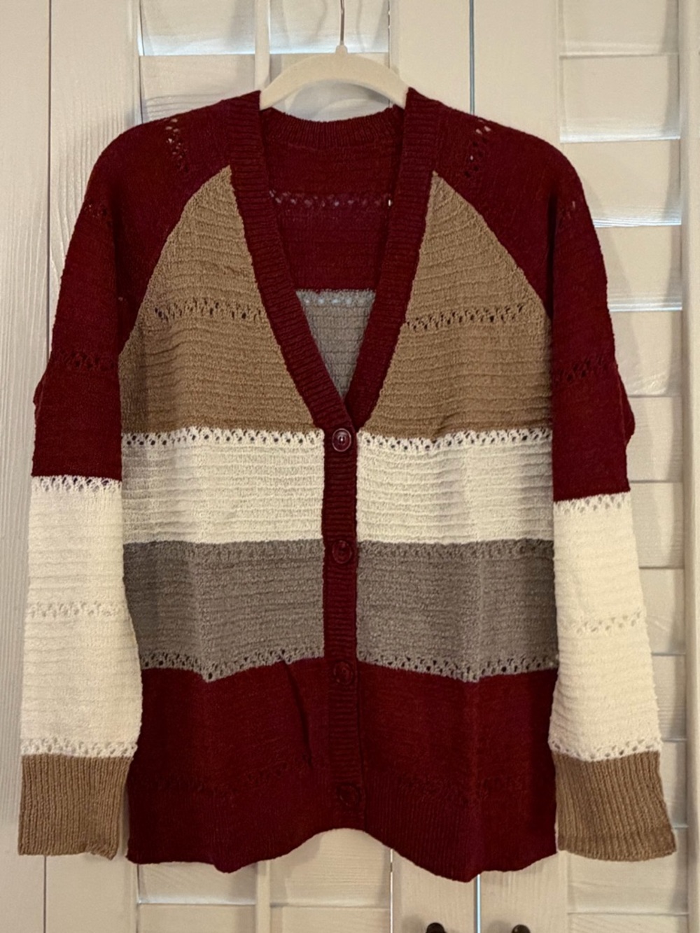 Colorblock Button-Front Cardigan Sweater - Burgundy/Beige/Gray/White - Picture 6 of 8